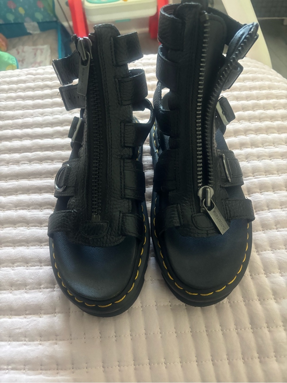 Dr. Martens Black Leather Gladiator Sandals with Yellow Stitching